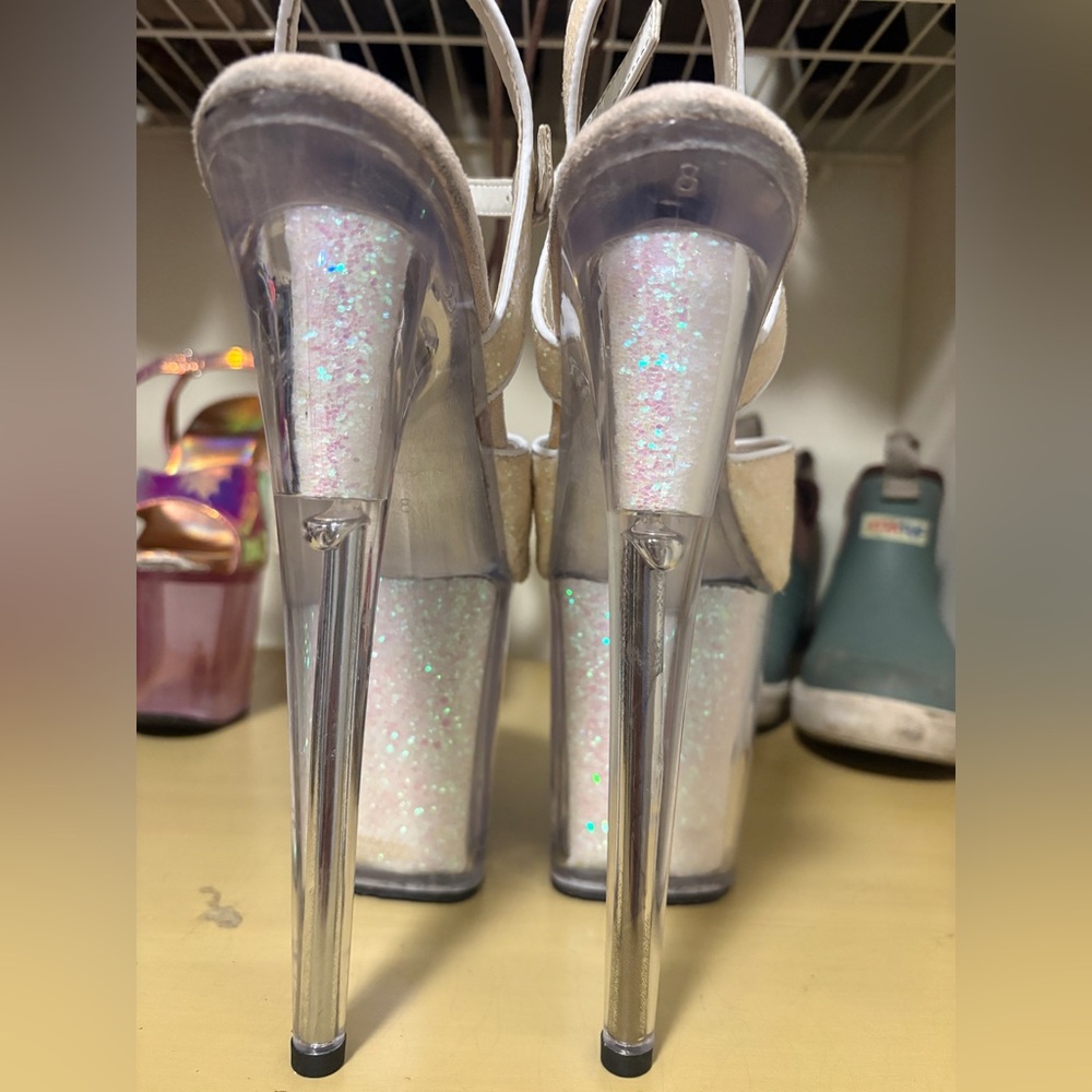 Pleaser Flamingo White Glitter Platform Heels Size 8 - Picture 4 of 6